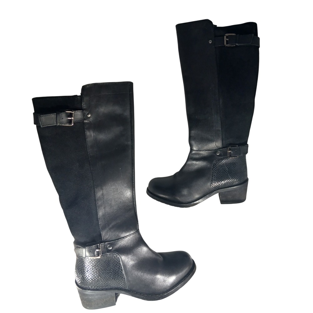 Joe Browns Black Leather Suede Knee High Boots Snakeskin Buckle Size UK 4 US 6.5